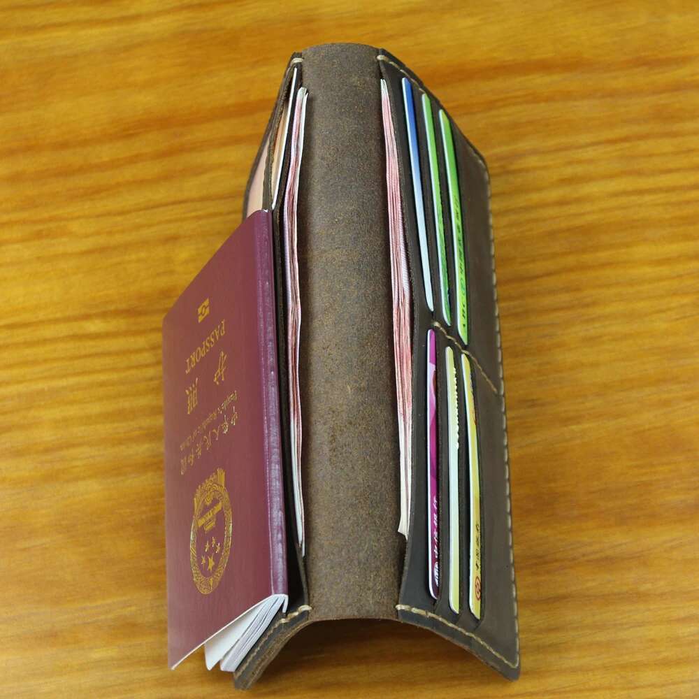 Vintage Handmade Genuine Leather for Men Long Wallet Bifold Male Clutch Purse Clip with Passport holder Money Bag