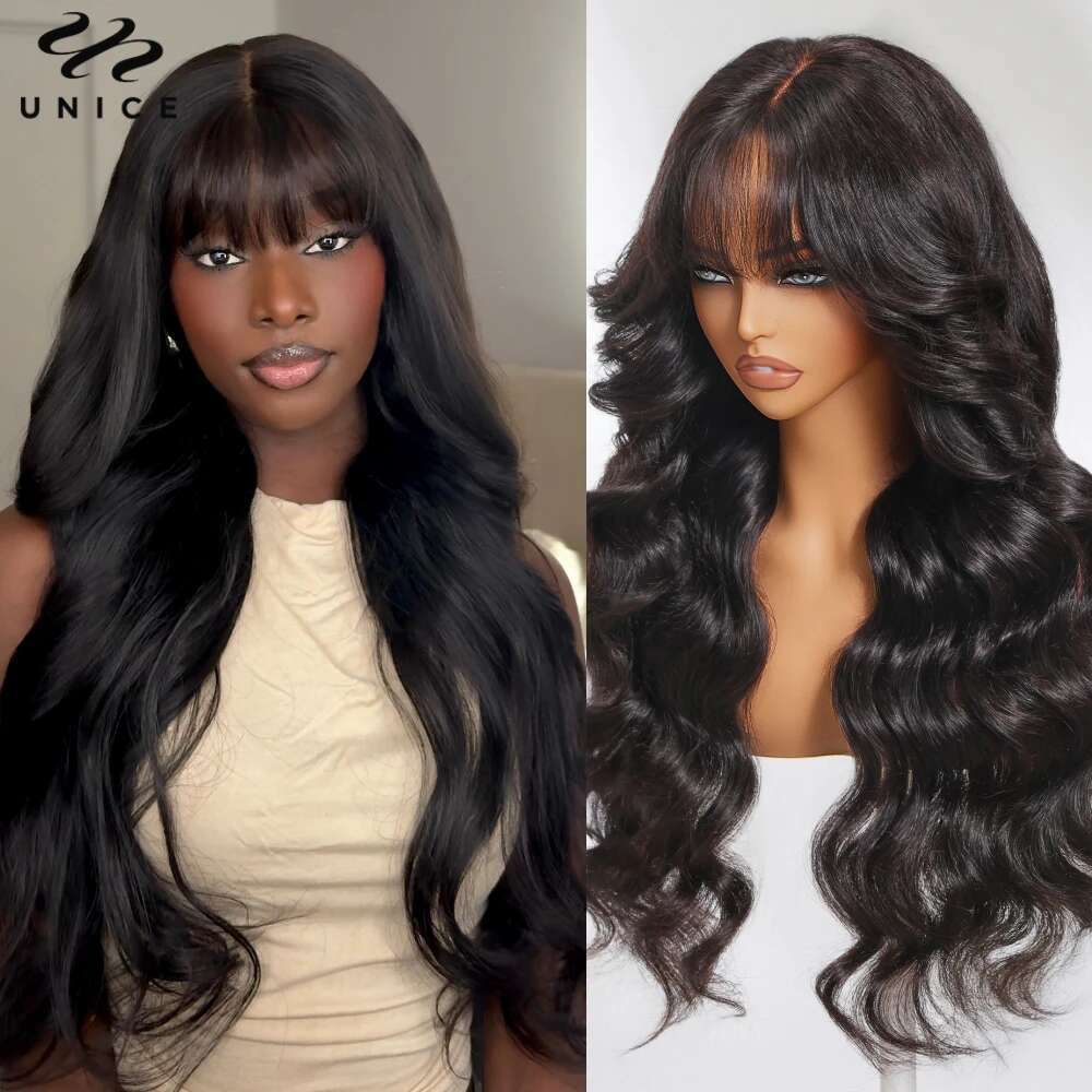 Fluffy Loose Wave Wig With Curtain Bangs 7x5 Cut Pre Bleached Glueless Wigs Human Hair Ready To Wear 180% Density