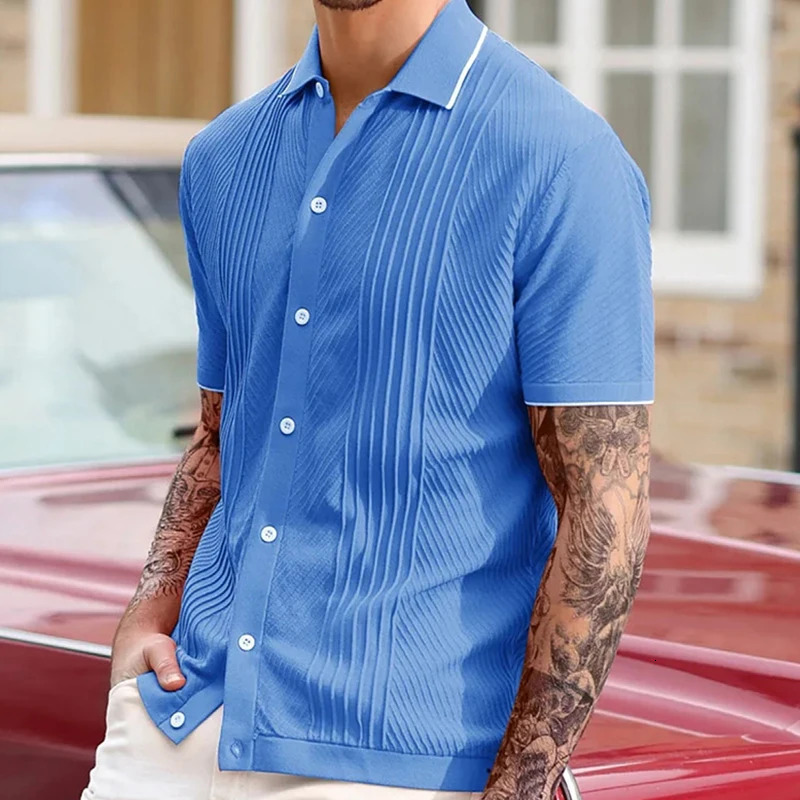 Summer Mens y Knitted Solid Color Shirt Fashion Short Sleeve Buttondown Shirts for Men Vintage Business Leisure Knitwear 250520