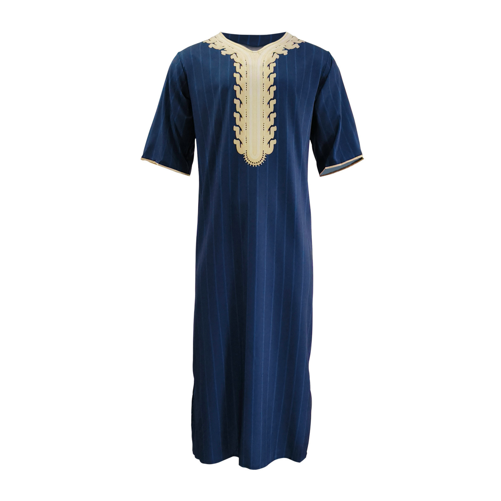Designer Clothing Summer Arabian Robe Loose V-neck Short Sleeved Printed Men's Muslim Clothing 2025 New Style