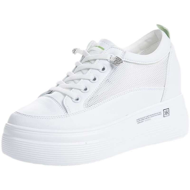 Leather inner height increasing white for women, summer 2025 mesh breathable thick sole versatile small casual board shoes