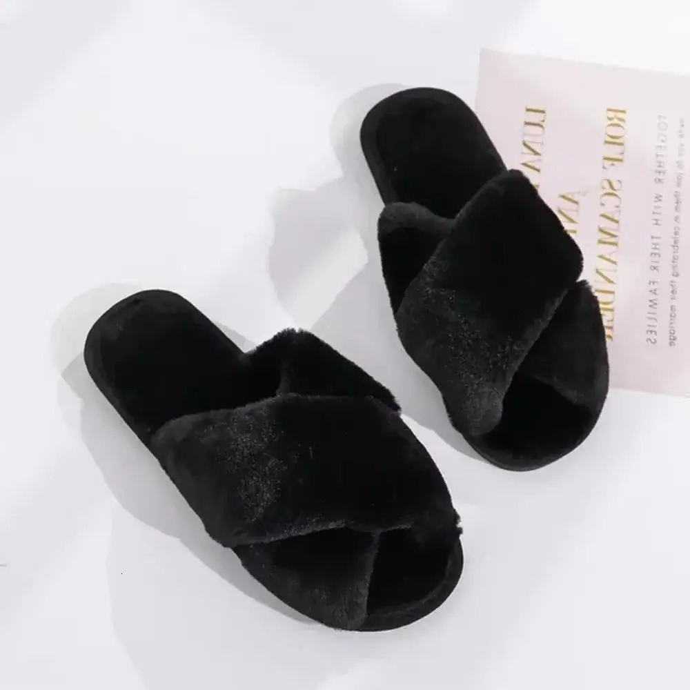 Winter Women House Slippers Faux Fur Fashion Warm Shoes Woman Slip on Flats Female Slides Black Pink cozy home furry slippers 250516