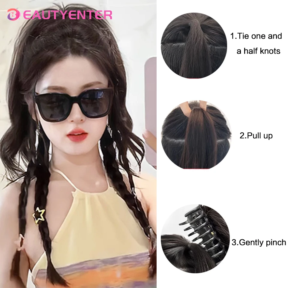 Ponytail fake hair, female simulation hair, natural grasping clip style semi tied fountain waterfall, high skull top mermaid, curly ponytail hair brai