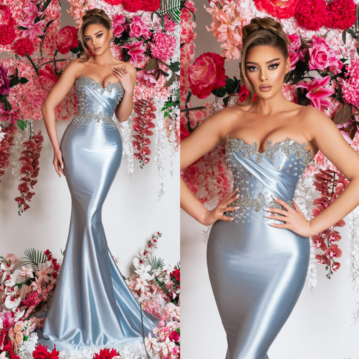 Fashion Crystal Evening Dresses Beading Prom Dress Strapless Rhinestone Princess Sleeveless Slim Mermaid Sweep Train Party Gowns Plus Size Vestidos De