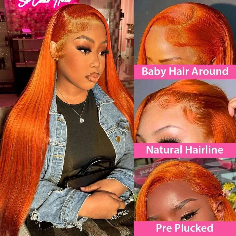 Orange Ginger Straight 13x6 Frontal 100% Brazilian Yellow 13x4 HD Lace Front Human Hair Wigs For Women