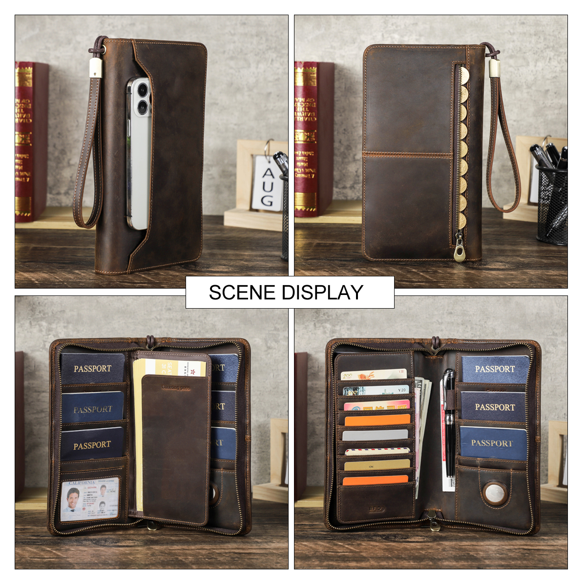 CONTACT'S Genuine Leather Family Passport Clutch Wallets Vintage Men Travel Clutch Bags Passport Cover Card Holder Phone Pocket