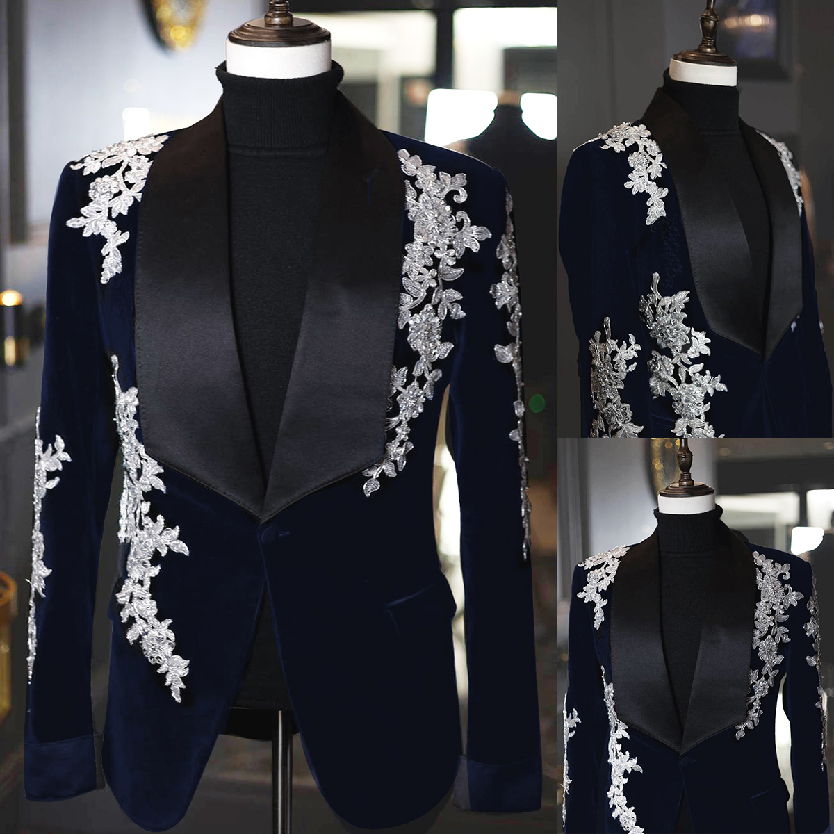 Vintage Men's Wedding Suit Tuxedo 2 Pieces Set Crystal Shawl Lapel Blazer Groom Coat Beading Evening Party Prom Custom Made Jacket Pants D0312