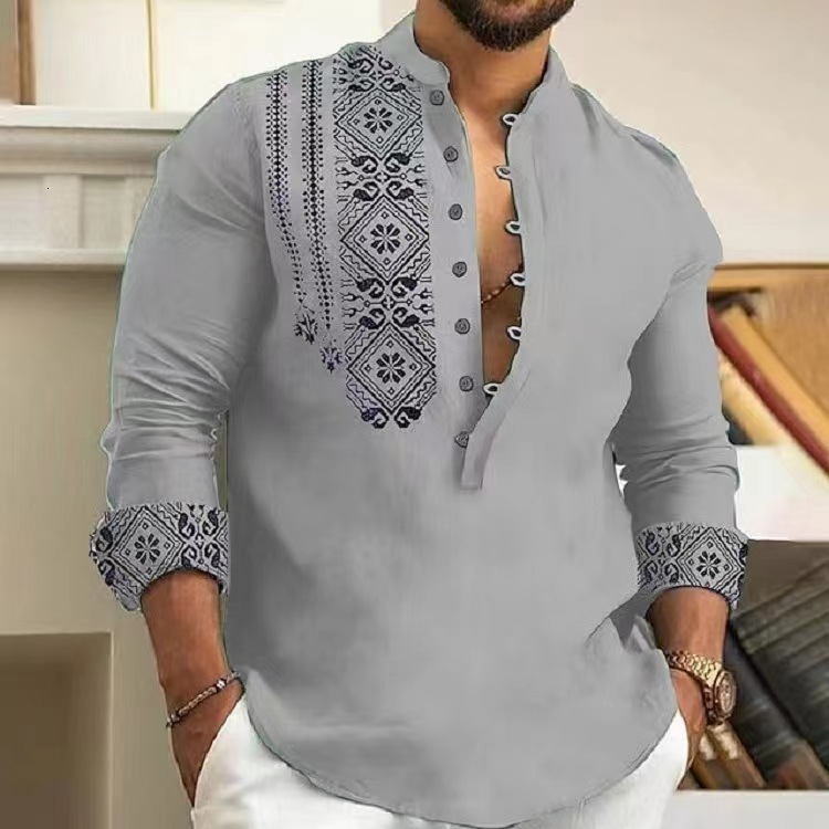 Men's Fashion Summer New Style Long Sleeved Stand Up Collar Trend Semi Cardigan Casual Thin Shirt Trend 2025 New Designer Clothing