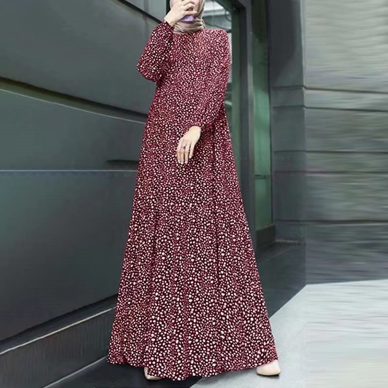 2025 Designer Fashion Muslim Comfortable Casual Polka Dot Sleeve Pullover Loose Waist Long Dress