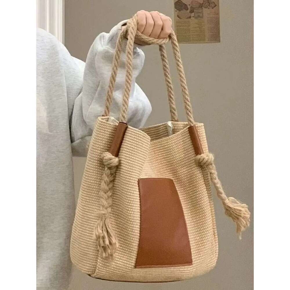PU Leather Bucket Shoulder Bags For Women Woven Rope Hand Female Large Handle Bag Purse