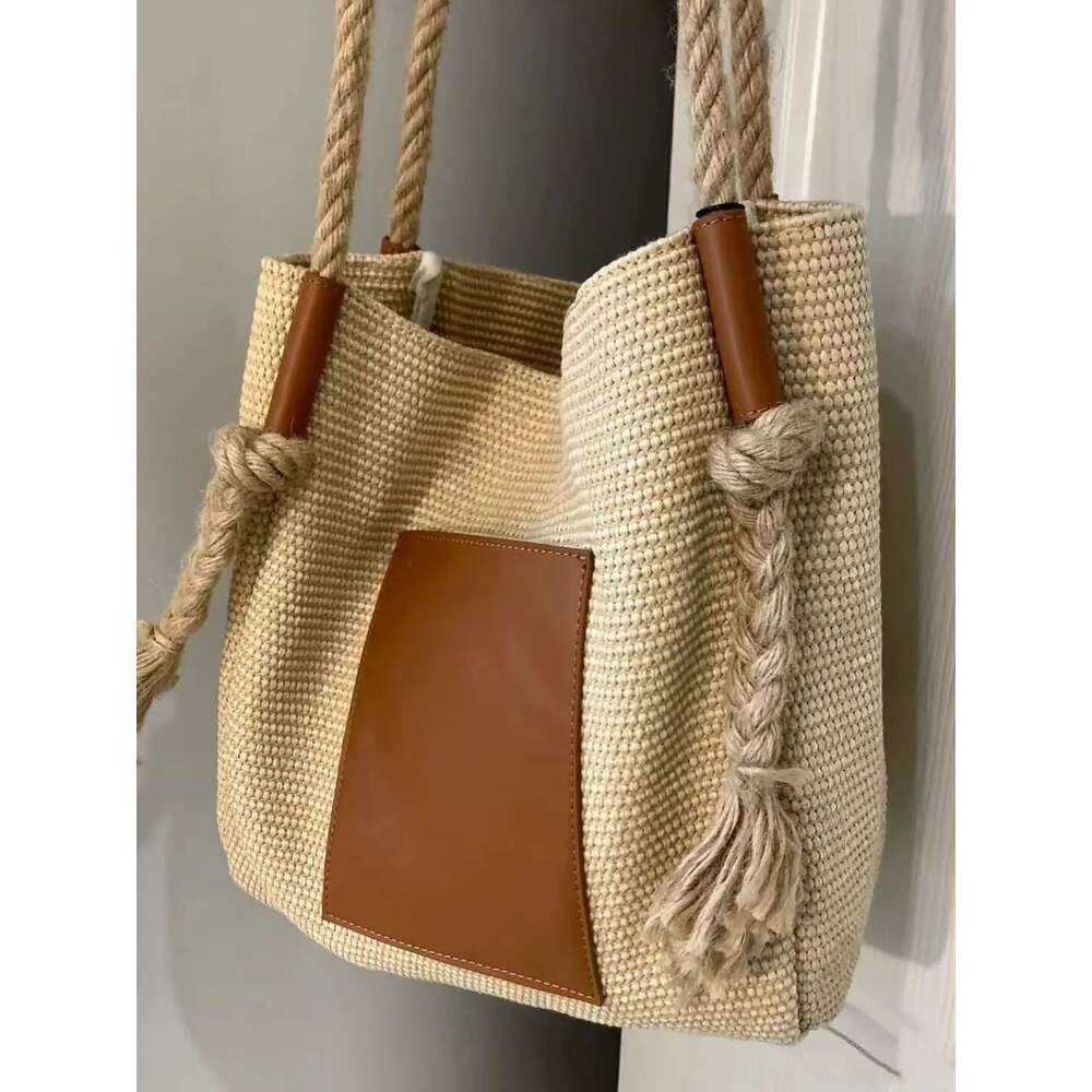 PU Leather Bucket Shoulder Bags For Women Woven Rope Hand Female Large Handle Bag Purse