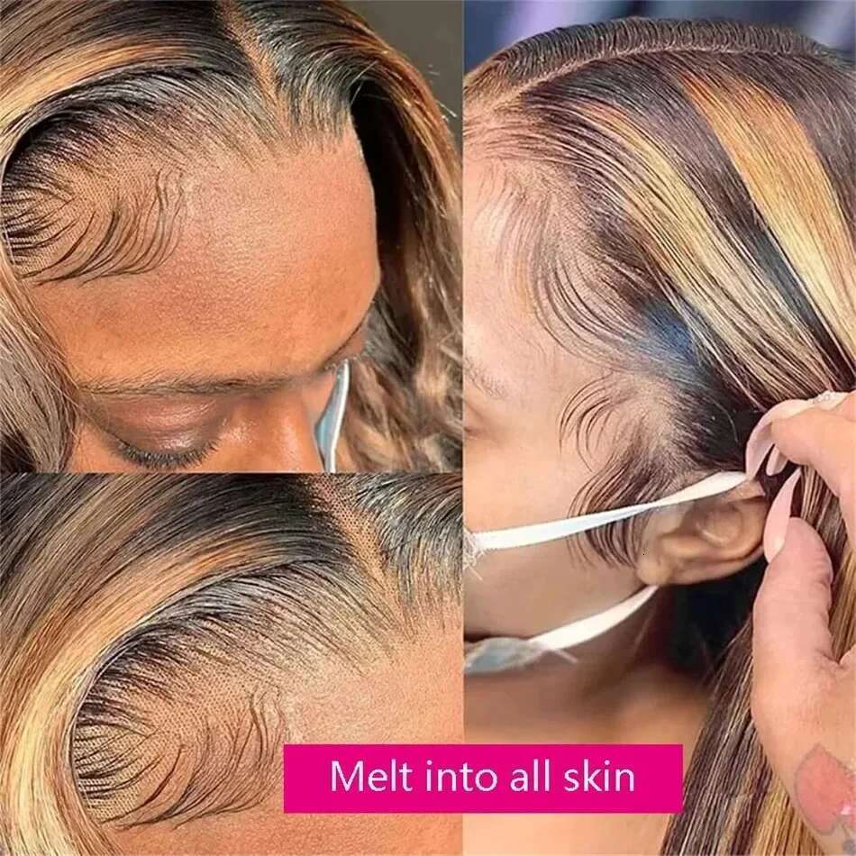 Highlight 13x6 Human Hair Honey Blonde Brown Colored HD Front Wigs For Women Pre Plucked Bone Straight Lace Frontal Wig