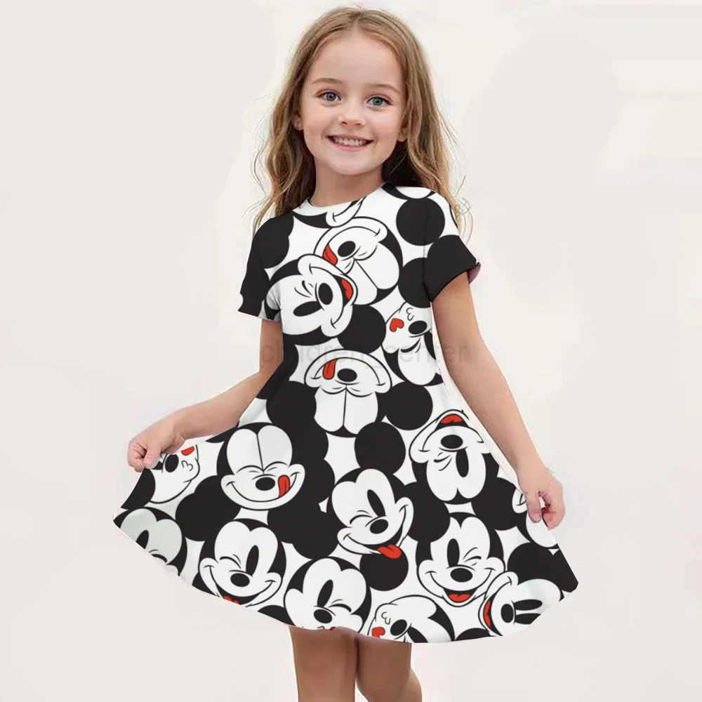Disney Cartoon Minnie Mouse Printed Dress Girls Summer Fashion One-piece Dress Kids Daily Casual Short Sleeve Clothing Outfit W250520