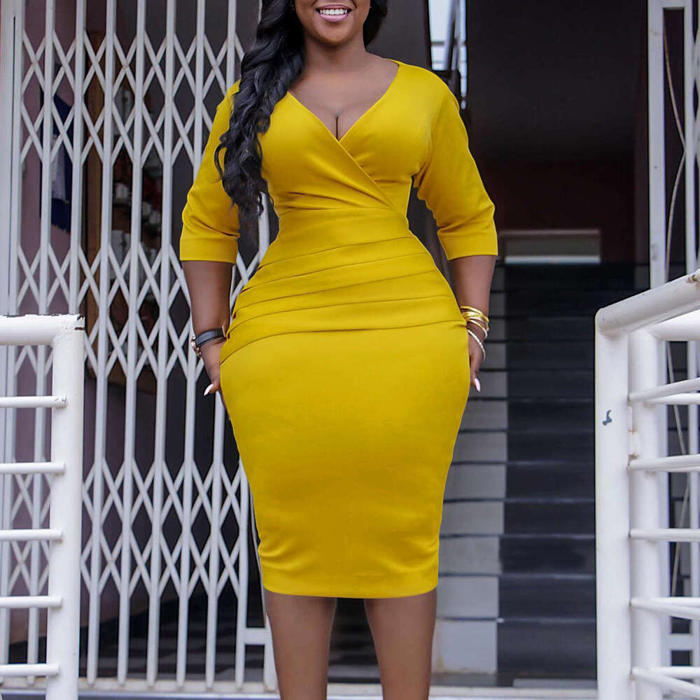 Women's Wear D3217 Women's V-Neck Style Hip Wrap OL Tongle Large Dress