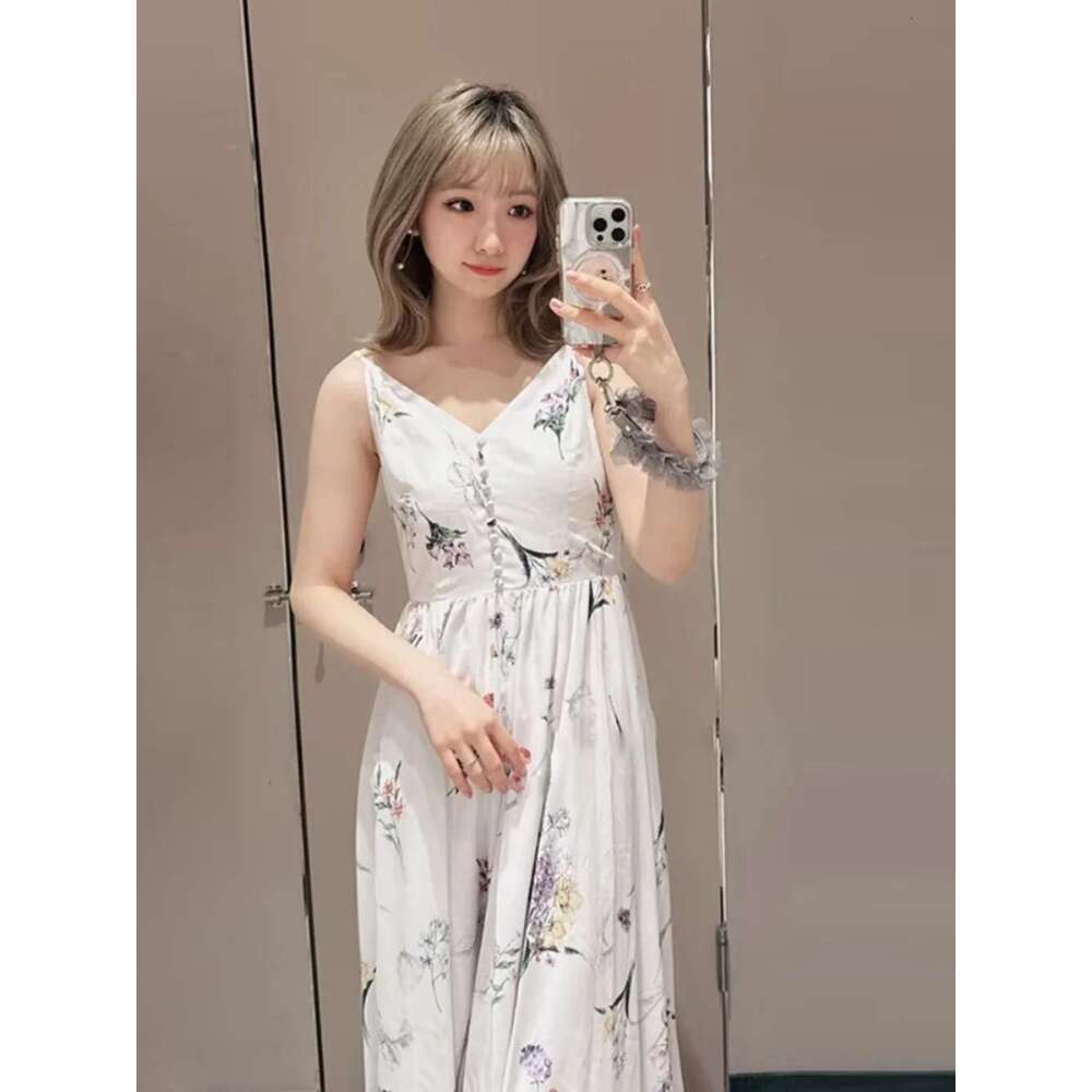 Kuzuwata Sweet Print V Neck Slim Waist Sling Robe High Street Fresh Mid-Length Big Swing Vestido Japan Pullover Ruched Dresses Designer