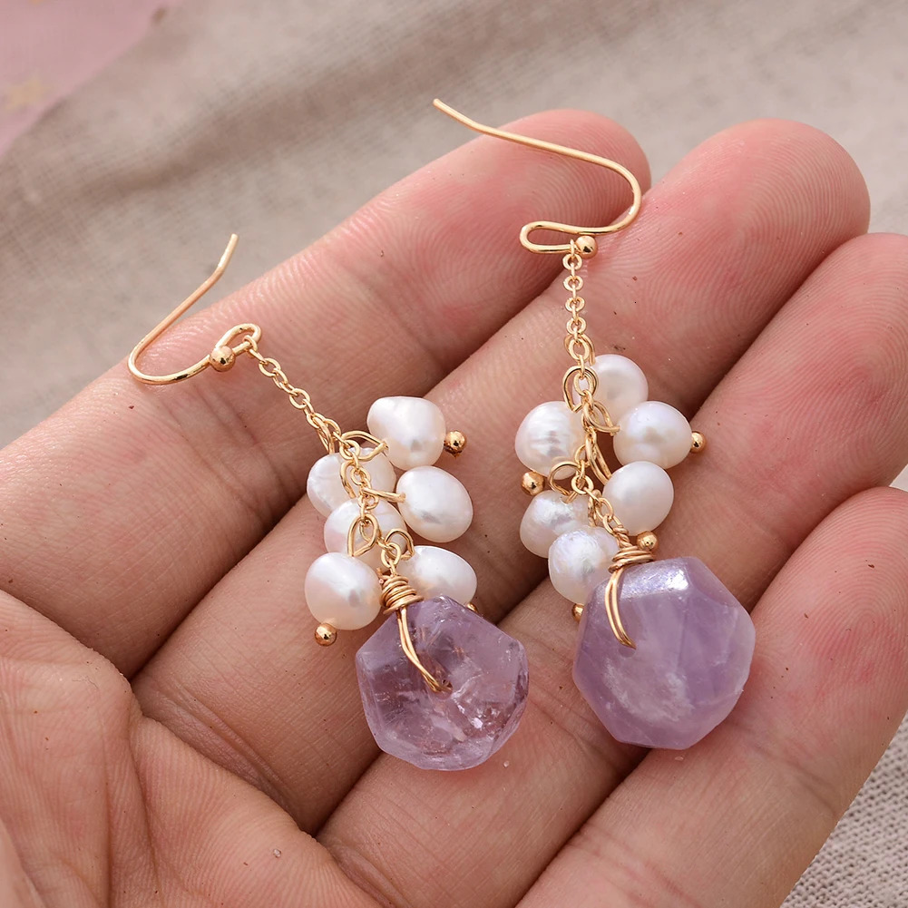 Original Handmade 14K Gold Filled Natural Freshwater Pearl Irregular Amethyst Ladies Drop Earrings Jewelry Women Wedding Gift 250517