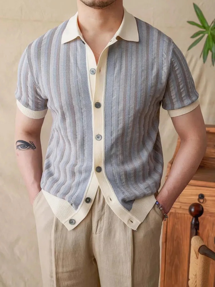 Summer Mens Mixed Colors Lapel Collar Single Breasted Slim Fit Knitted Shirt Business Men Work Breathable Short Sleeve Top 250520