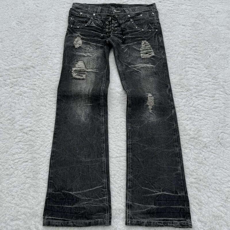 Millennium washed denim jeans Gothic style micro flared double waist lace pants for men and women's street wear