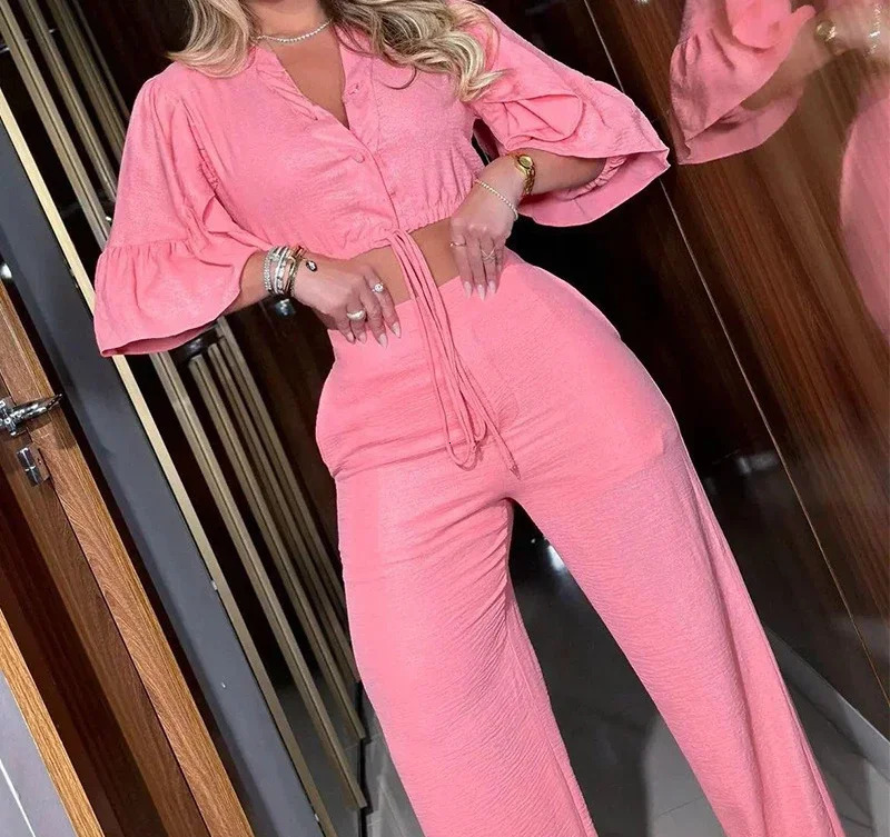 Fashion Women Two Piece Set Outfits Pink V-Neck Flared Sleeve Lace Up Top Casual Wide Leg Pants Set Female Suit 250516