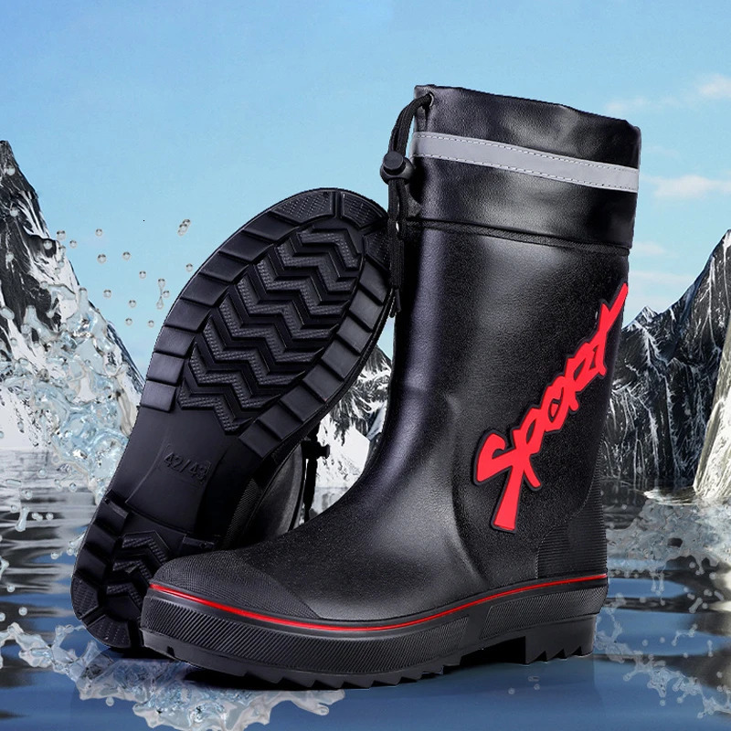 Mid-calf Rain Boots Men Slip-On Waterproof Rubber Rain Shoes Work Mud Boots Warm Durable Non-Slip Boots Farming Fishing Camp 250515