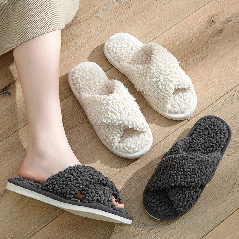 Fashion Cross Strap Fuzzy Slippers Women Indoor House Non Slip Warm Plush Woman Slippers Winter Comfort Soft Sole Cotton Slides 250516
