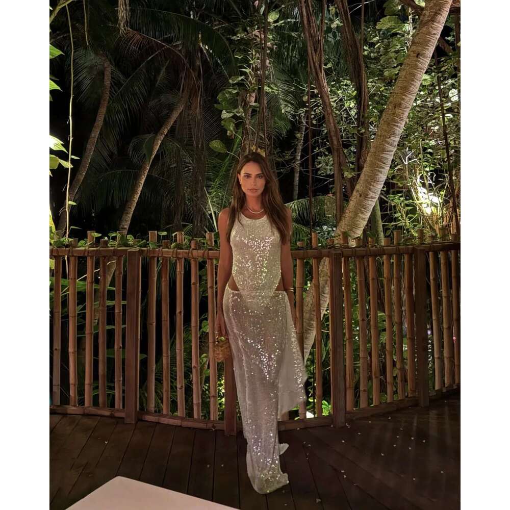 Women Sequin Sexy See Through Slim Fit Holiday Poutfit Summer Fashion Two Piece Set With Bodysuit And Maxi Skirt
