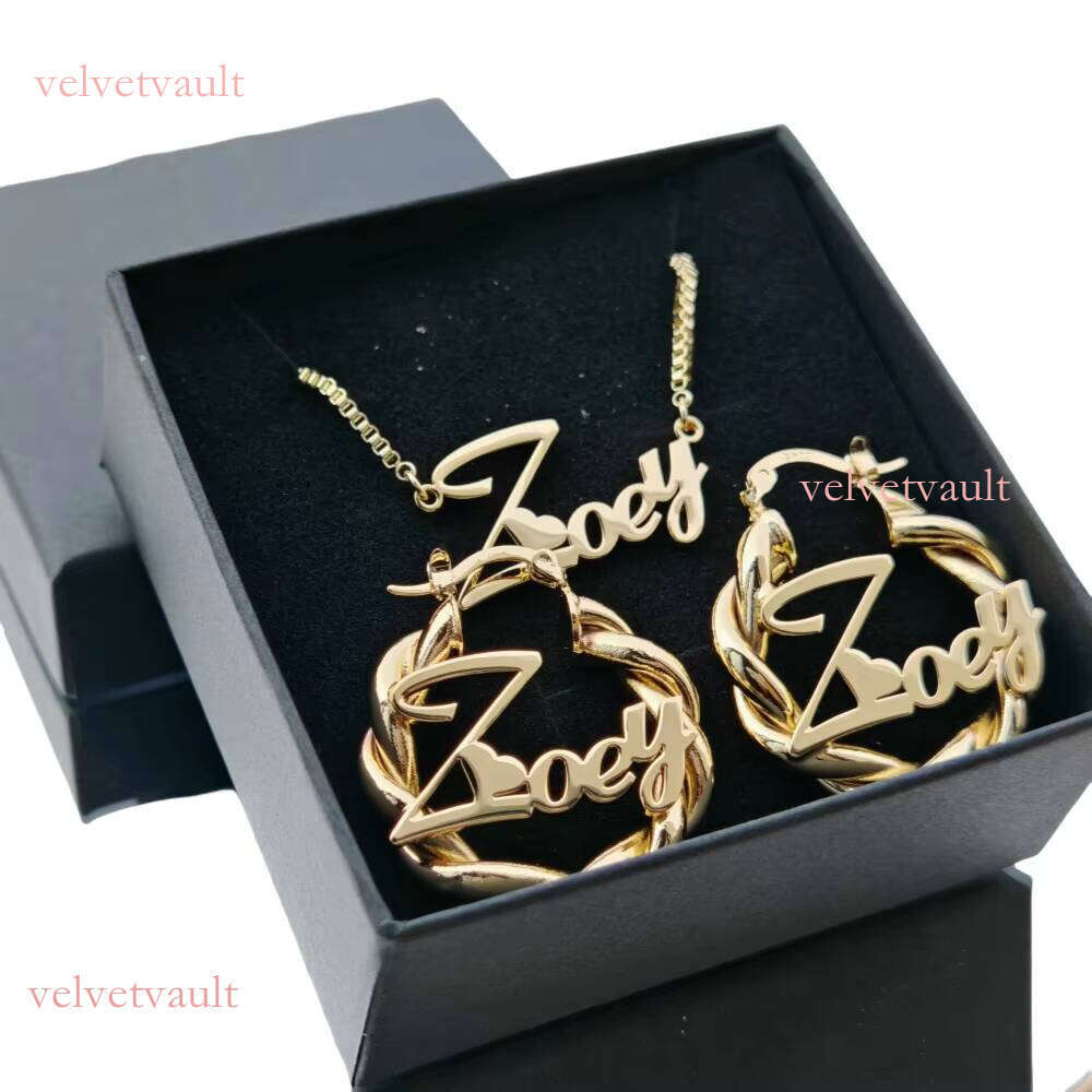 Autumn Cold Stainless Steel 2pcs Necklace with 27mm Twisted Ring Earrings Personalized Name Jewelry Set Cute Gift