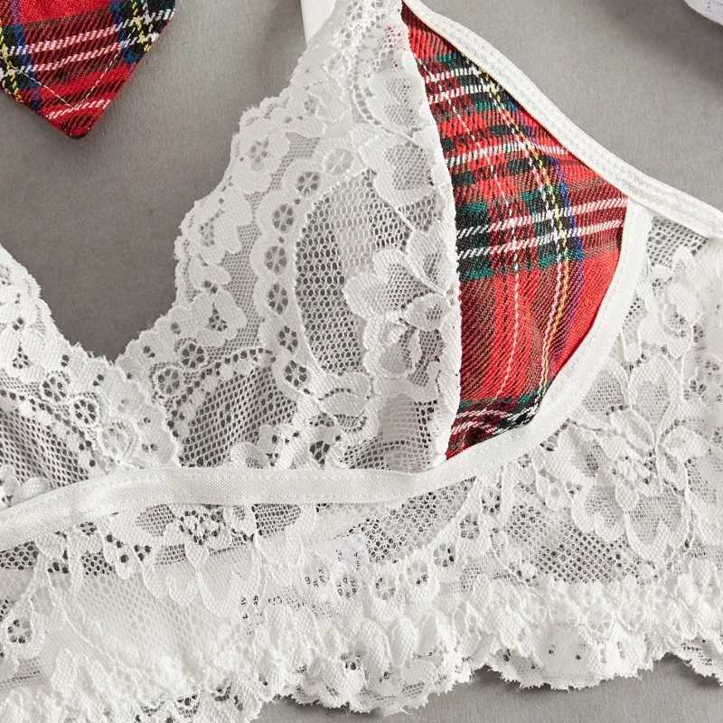 Sexy Lingerie Suit Women Plaid Suit Lace Hollow Lace Tie Role-playing Sexy College Uniform Mesh See-through Underwear R250520