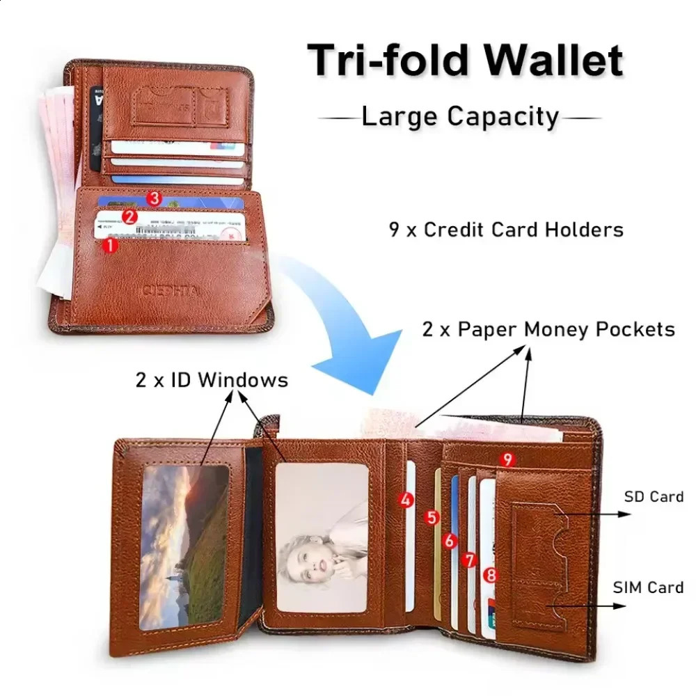 Men Wallet Genuine Leather Rfid Blocking Trifold Wallet Vintage Thin Short Multi Function ID Credit Card Holder Male Purse Money 250516