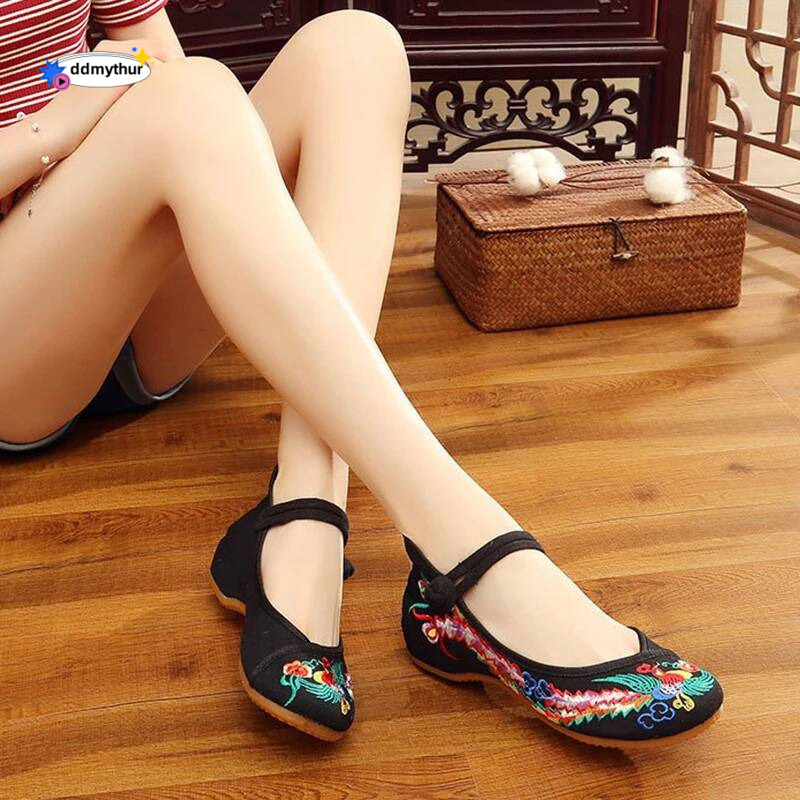Phoenix Flower Embroidered Women Canvas Ballet Flats Ankle Strap Ladies Casual Cotton Chinese Embroidery Ballerina Shoes ddmythur