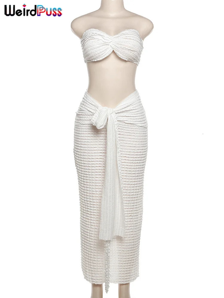 Weird Puss Thin Striped Knot Women 2 Piece Set Midnight Elegant Strapless TopsBandage Skirts Vacation Matching Clubwear 250520