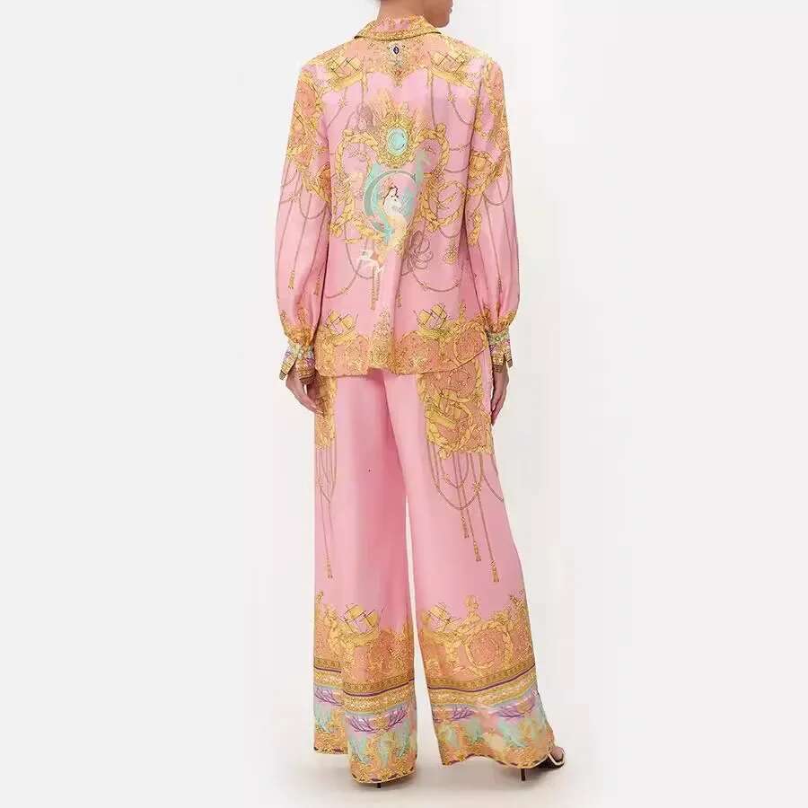 2024 New Europe And The United States Leisure Long-Sleeved Pink Printed Shirt Trousers Two Sets Of Women