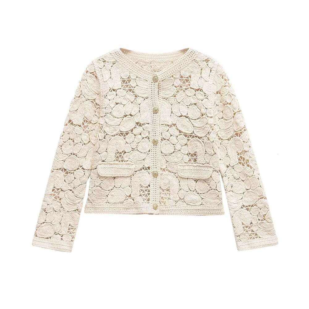 TRAF & Women 2025 Spring New Fashion Leisure Style Knot Knitted Coat Chic Hollow Joker Crewneck Long Sleeve Cardigan Mujer