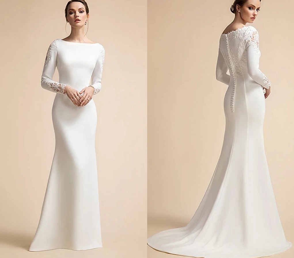Simple Mermaid Button Wedding Dresses Long Sleeves Ivory Muslim Bridal Gowns for Bride Satin Lace Appliques