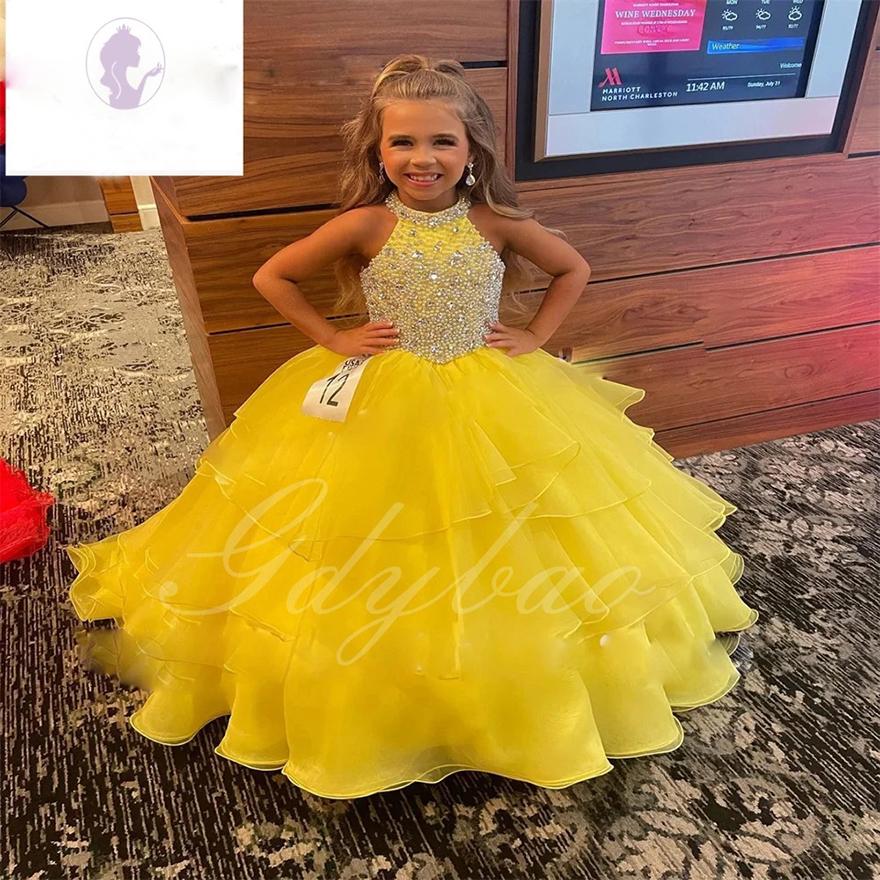 Yellow Flower Girl Dress For Wedding Tulle Puffy Beaded Sleeveless Floor Length Princess Pageant Elegant Kids Birthday Ball Gown