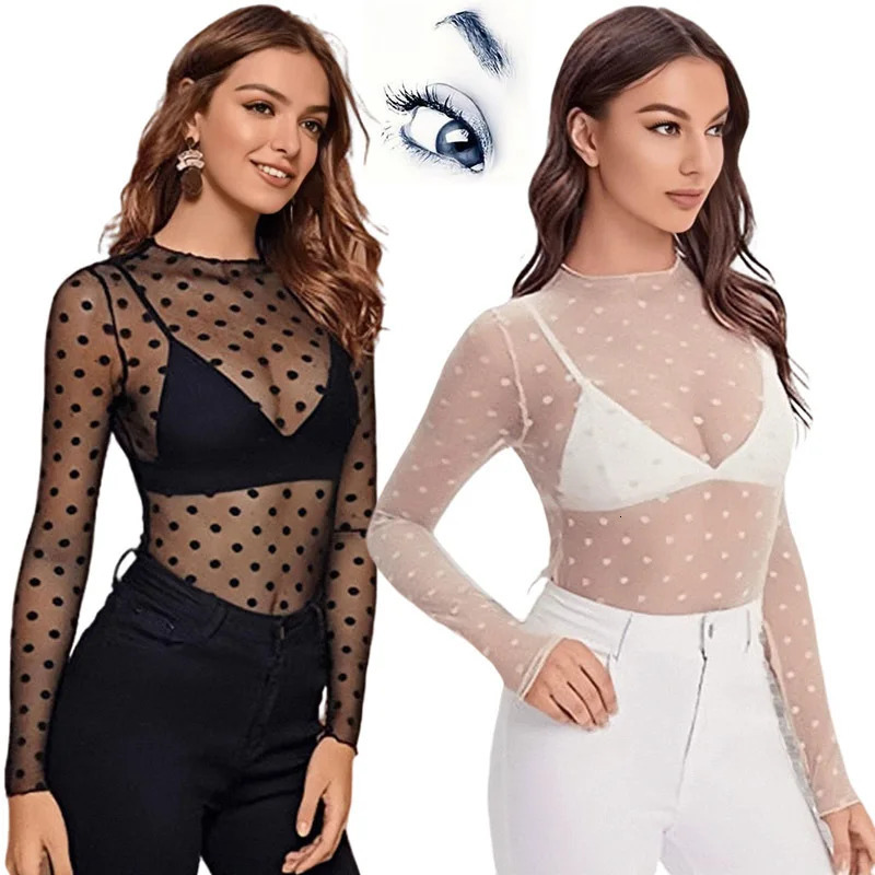 T Shirt For Women Basics Retro Sexy Polka Dot O Neck Bodycon Tops Off The Shoulder Vintage Solid Streetwear Lace Transparent 250517