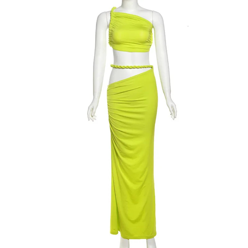 VEITCHE Sexy Two Piece Skirt Sets Women Oblique Shoulder Crop Tops And Maxi Female High elasticity Ruched 250520