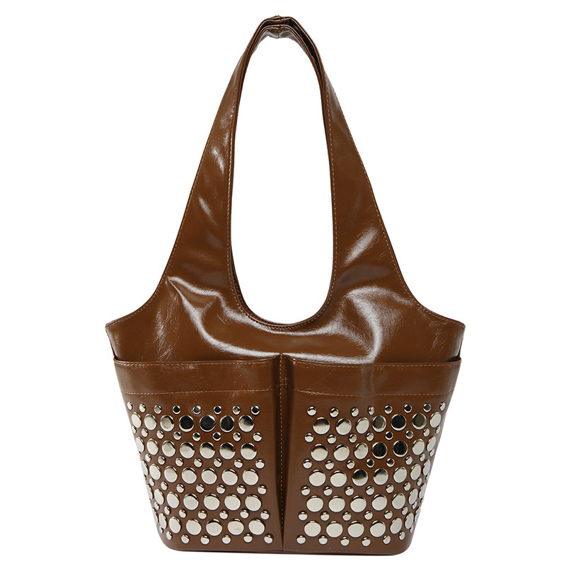 2025 Rivet Women's Fashion Shoulder Water Bucket Underarm Bag PU Leather Handbag