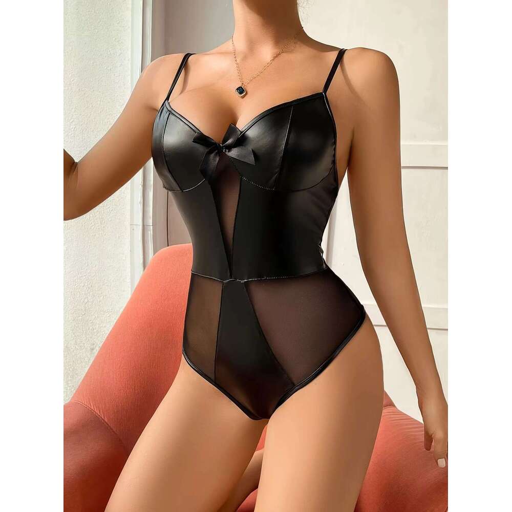 Female Black Leather Lingerie Sling Bodysuit Sexy One-Piece Underwear Mesh PU Ing Hollow Out Perspective Seductive Uniform