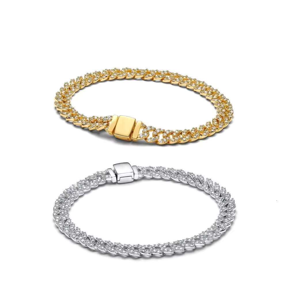 Gold and sier eternal paving Cuban chain bracelet fits charming women's shiny jewelry fashion trend 2025 hot selling