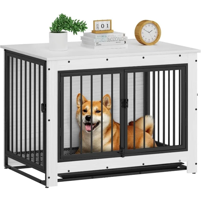 Table for Medium and Large Dogs,Wooden Cage Kennel Furniture Indoor, Modern Dog Crate with Side Table