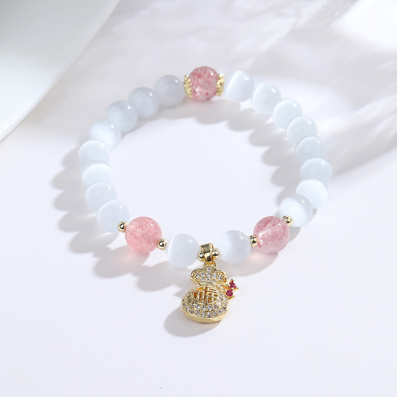 Creative Cat's Eye Money Bag Bracelet, Female Design, Sweet Handmade Jewelry, Flower Butterfly Peach Stone Bracelet