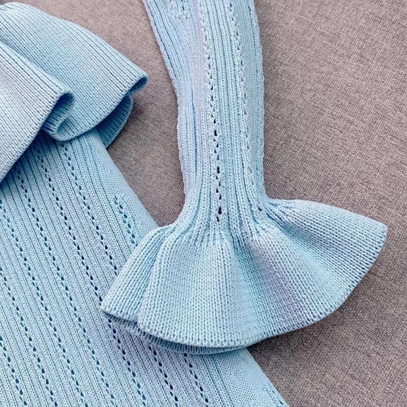 Yuoomuoo Brand Fashion One-Piece Knitted Maxi Women Elegant V-Neck Ruffled Slim Waist Bodycon Sweater Dress Party Vestido Designer