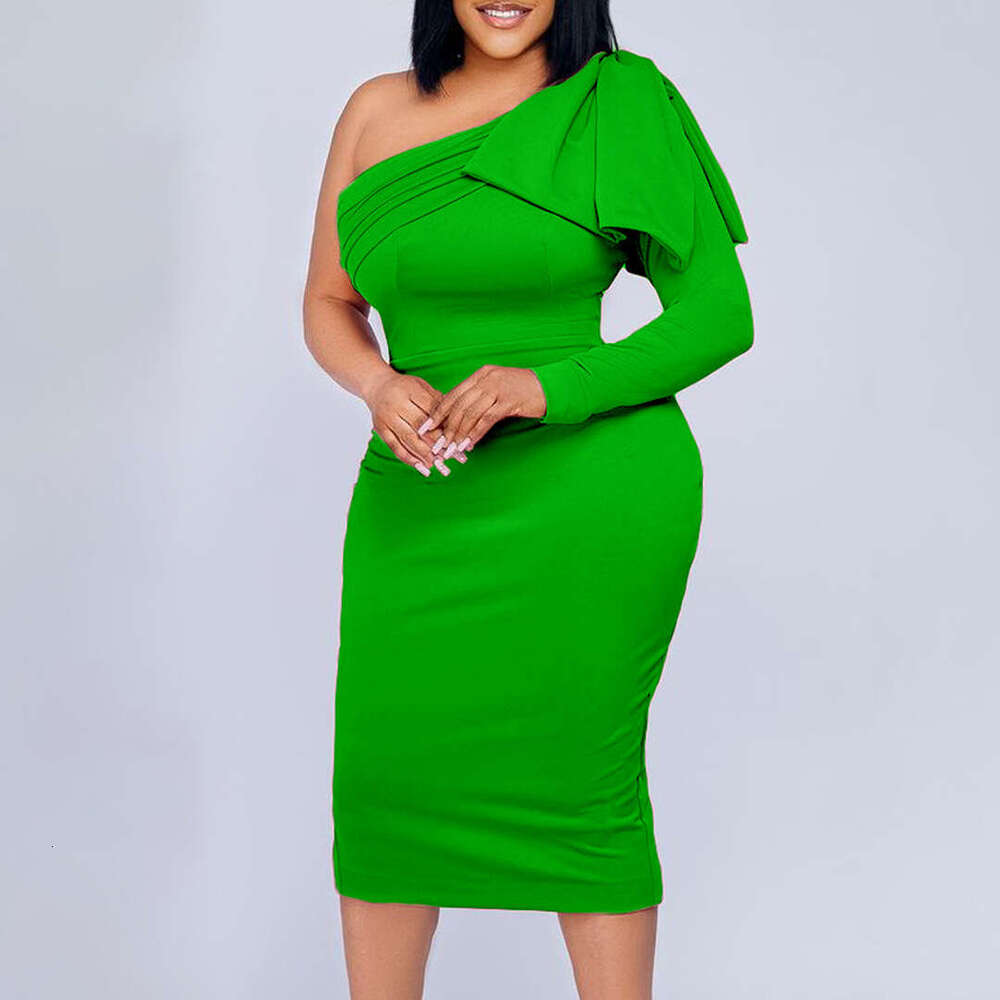 Women's Wear Large Women's New Slant Neck Solid Color Fashion Wrap Hip Sexy Dress