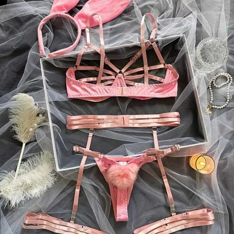 Bunny Girl Sexy Lingerie Set for Women Hollow Out See-Through Straps Patchwork Sexy Bunny Headband Lingerie Bra Set New R250520