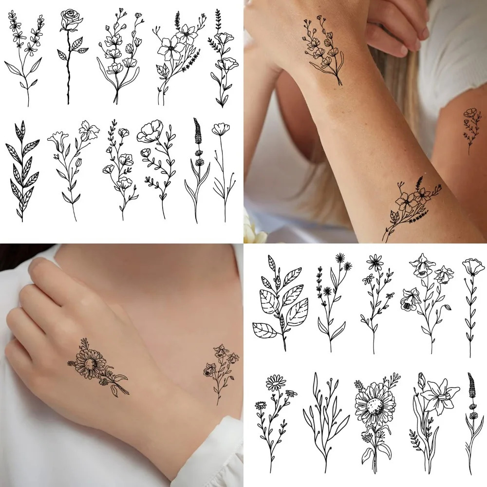 Tiny black flower branch temporary tattoo realistic wild flower small fake tattoo adult wild plant tattoo sticker 250515