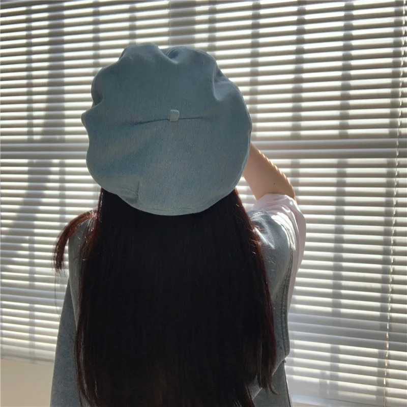 Female Metal Label Cowboy Cotton Denim Beret Women Versatile Painter Hat Headwear Berets Caps 250520