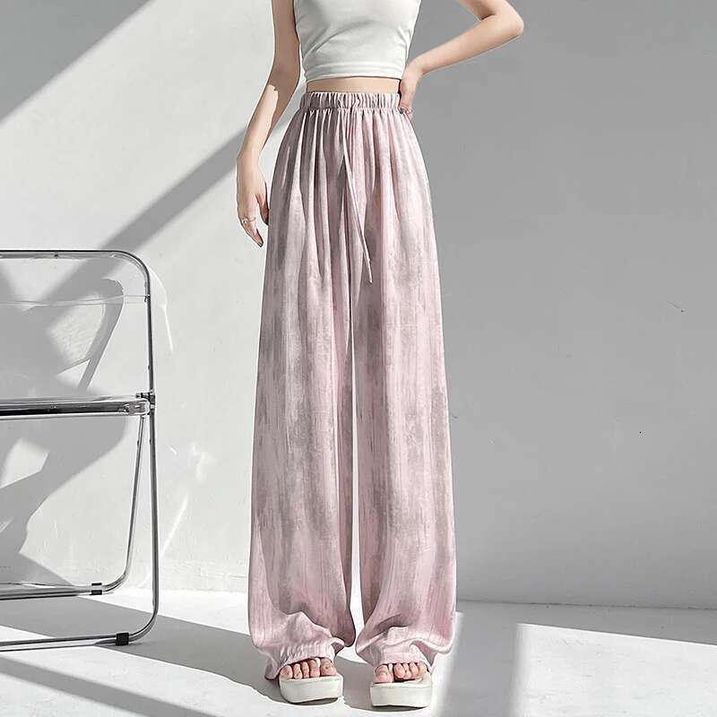 Seoulish Retro Ice Silk Tie Dye Wide for Women New Summer Spring Fashion Loose Straight Casual Leg Women's Pants