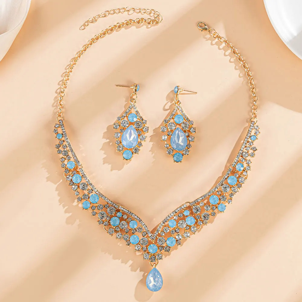 KMVEXO Crystal Opal Choker Necklace Earrings Set Rhinestone Bridal Jewelry Sets for Bride Wedding Party Costume Bijoux 250520