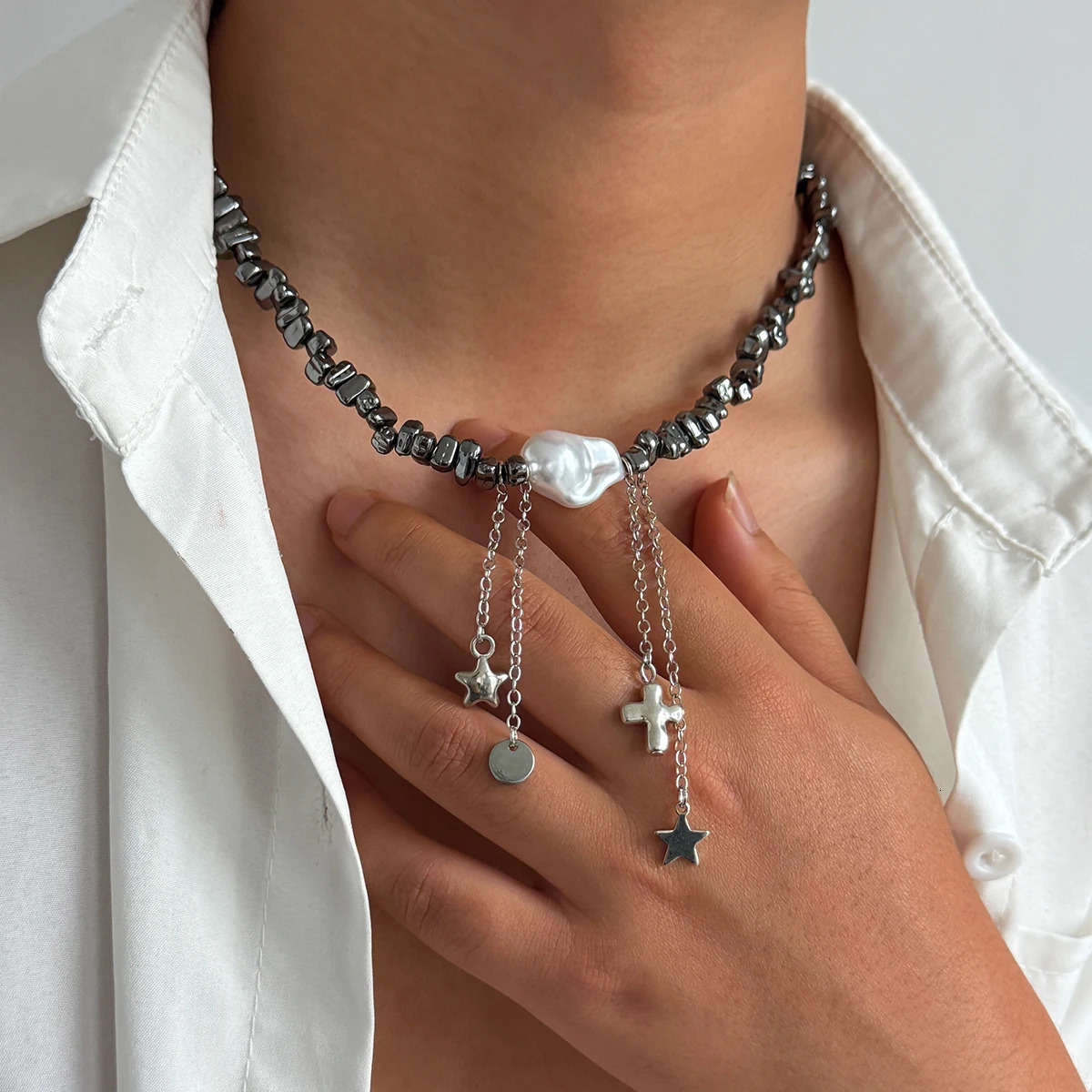 Ingemark Fashion Pearls CCB Beaded Necklace Women Hip Hop Punk Five-pointed Star Pendant Necklace Steampunk Jewelry 250520
